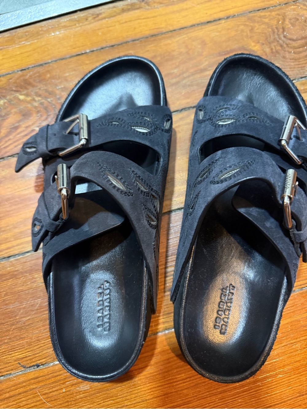 Isabel Marant Black Suede Double-Buckle Slide Sandals
